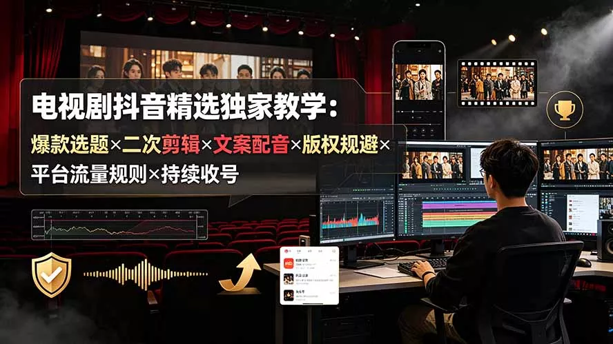 电视剧抖音精选独家教学：爆款选题×二次剪辑×文案配音×版权规避×平台流量规则×持续收益账号 - 52网创-52网创