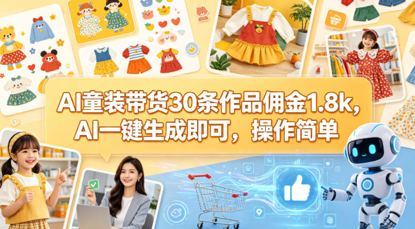 AI童装带货30条作品佣金1.8k，AI一键生成即可，操作简单 - 52网创-52网创