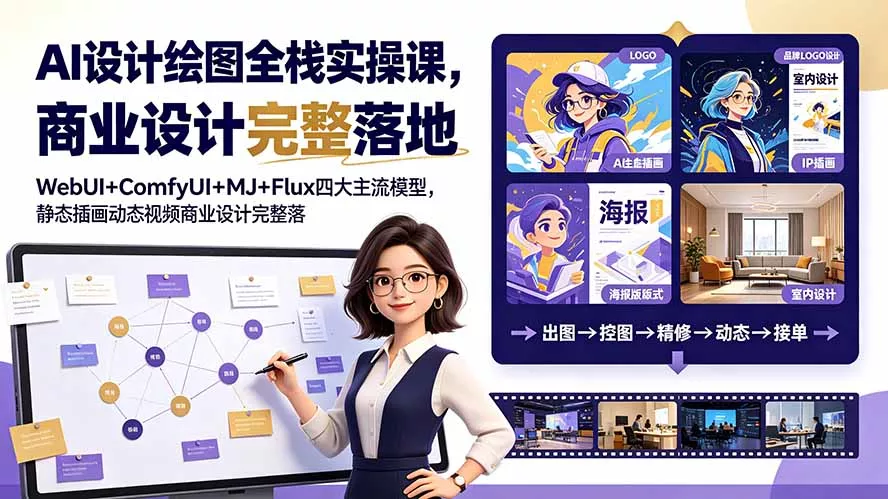 AI设计绘图全栈实操课，WebUI+ComfyUI+MJ+Flux四大主流模型，静态插画动态视频商业设计完整落地教程 - 52网创-52网创