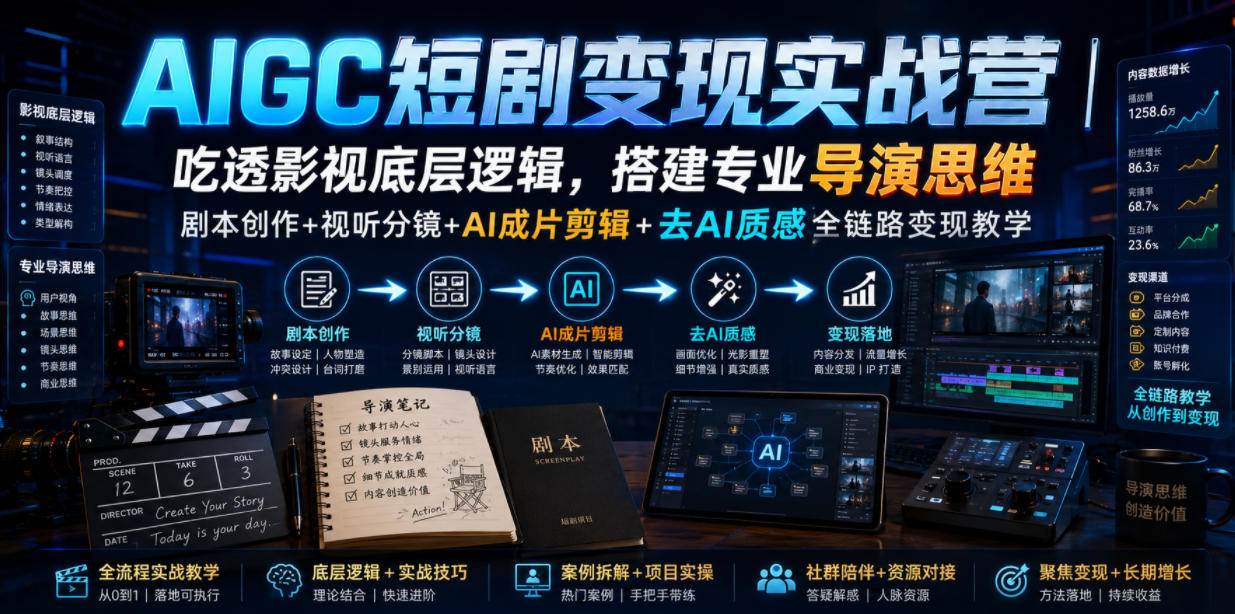 AIGC短剧变现实战营｜吃透影视底层逻辑，搭建专业导演思维，剧本创作+视听分镜+AI成片剪辑+去AI质感全链路变现教学-52网创