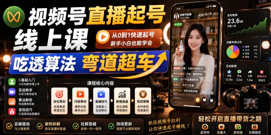 视频号直播起号线上课，吃透算法弯道超车(2026年6月) - 52网创-52网创