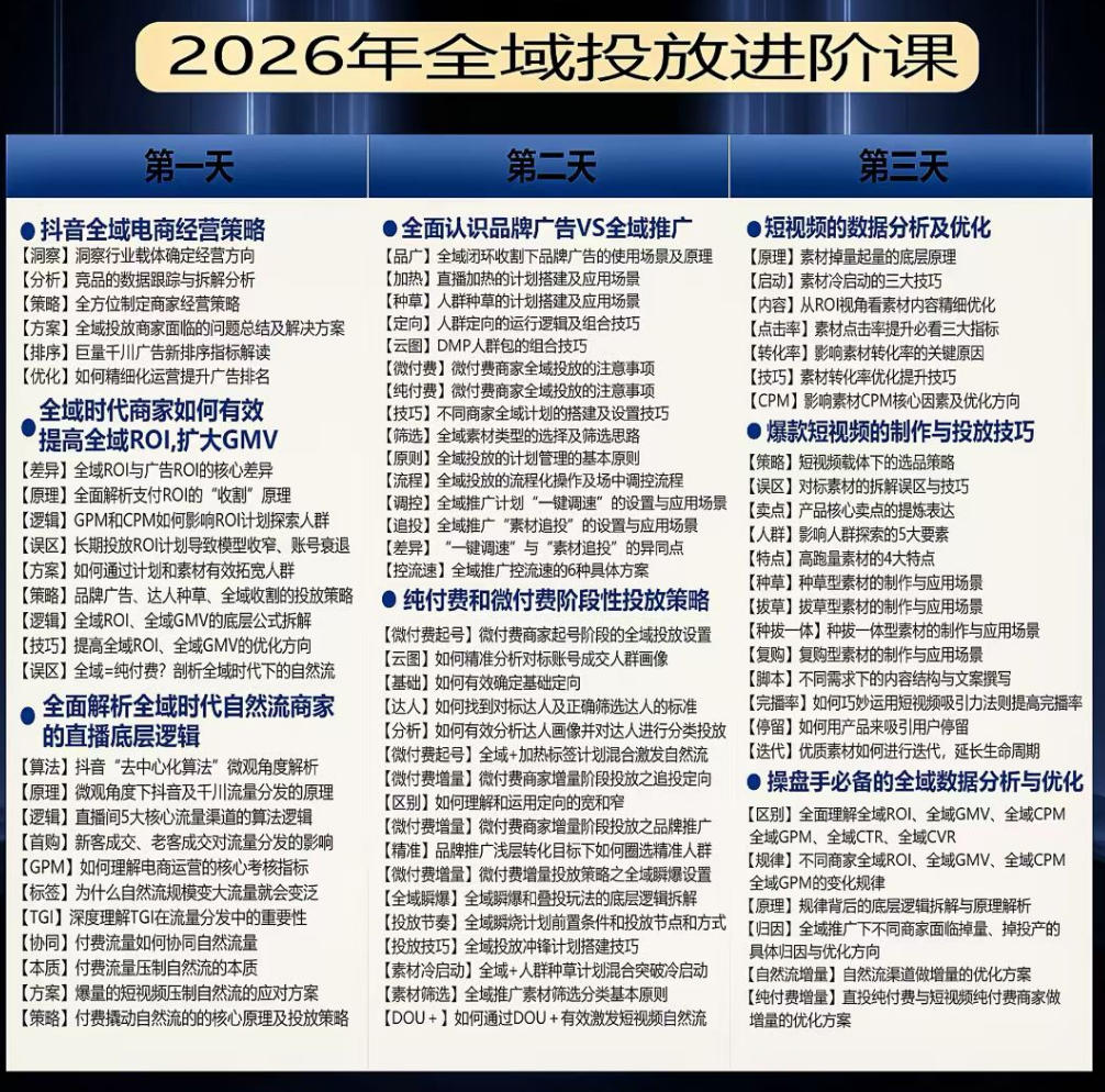 千川扫地僧2026抖音全域投放进阶课，少走弯路·快速起量·掌控增长，6月12-14号杭州线下课 - 52网创-52网创
