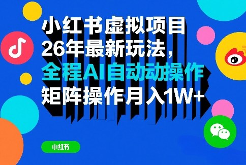 小红书虚拟项目26年最新玩法，全程AI自动操作，矩阵操作月入1W＋【揭秘】-52网创