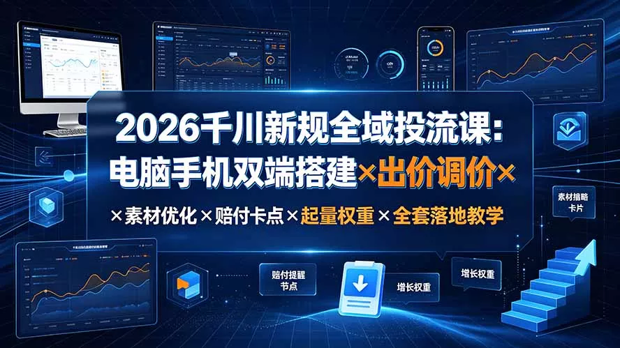 2026千川新规全域投流课：电脑手机双端搭建×出价调价×素材优化×赔付卡点×起量权重×全套落地教学 - 52网创-52网创