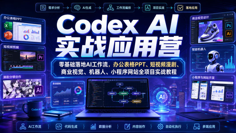 Codex AI实战应用营｜零基础落地AI工作流，办公表格PPT、短视频漫剧、商业视觉、机器人、小程序网站全项目实战教程 - 52网创-52网创