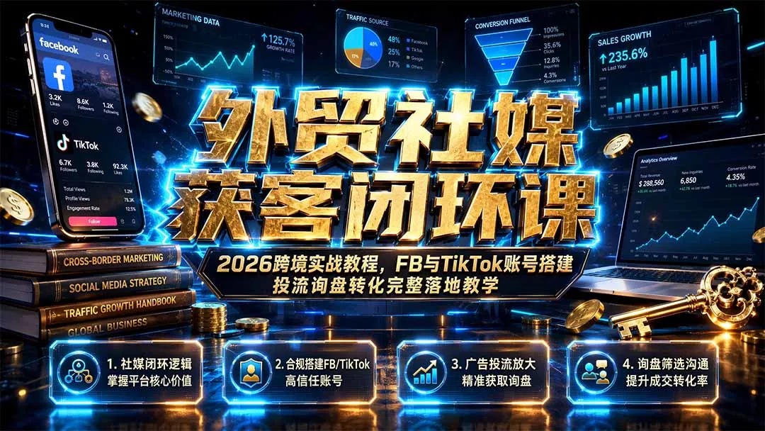 外贸社媒获客闭环课｜2026跨境实战教程，FB与TikTok账号搭建投流询盘转化完整落地教学 - 52网创-52网创