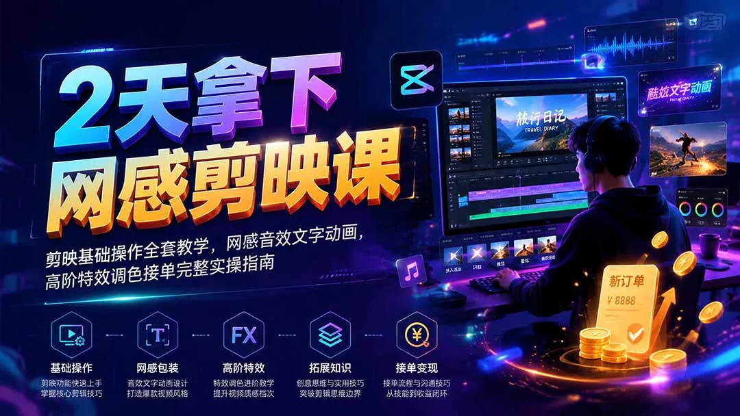 2天拿下网感剪辑课｜剪映基础操作全套教学，网感音效文字动画，高阶特效调色接单完整实操指南 - 52网创-52网创