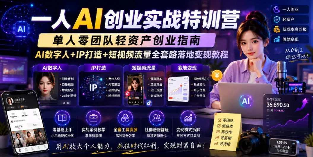 一人AI创业实战特训营，单人零团队轻资产创业指南，AI数字人+IP打造+短视频流量全套路落地变现教程 - 52网创-52网创