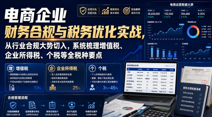 电商企业财务合规与税务优化实战，从行业合规大势切入，系统梳理增值税、企业所得税、个税等全税种要点-52网创