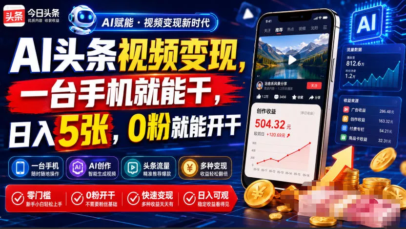 AI头条视频变现，一台手机就能干，日入5张，0粉就能开干 - 52网创-52网创