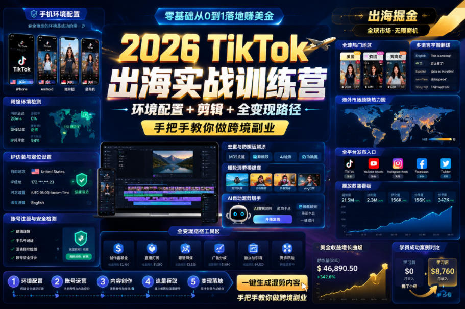 2026 TikTok出海实战训练营，环境配置 + 剪辑 + 全变现路径，手把手教你做跨境副业 - 52网创-52网创