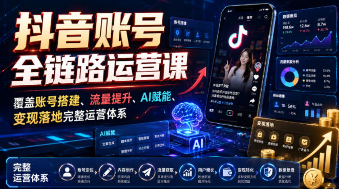 抖音账号全链路运营课，覆盖账号搭建、流量提升、AI赋能、变现落地完整运营体系 - 52网创-52网创