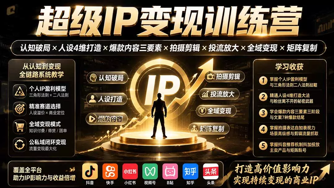 超级IP变现训练营：认知破局×人设4维打造×爆款内容三要素×拍摄剪辑×投流放大×全域变现×矩阵复制-52网创