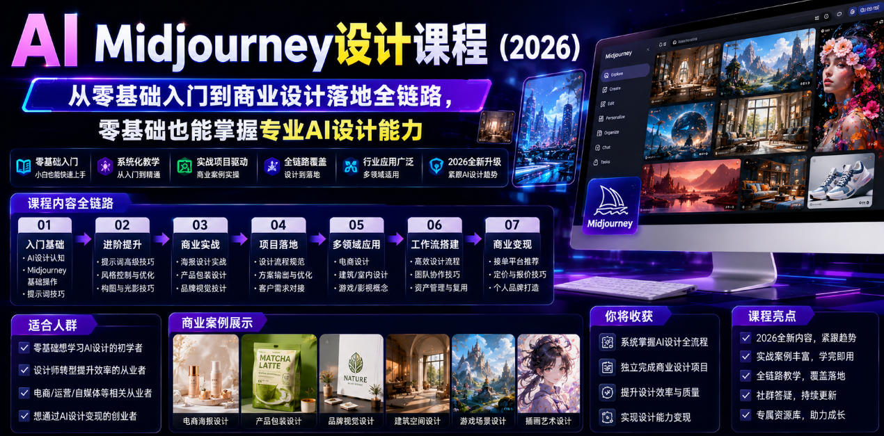 AI Midjourney设计课程（2026），从零基础入门到商业设计落地全链路，零基础也能掌握专业AI设计能力-52网创