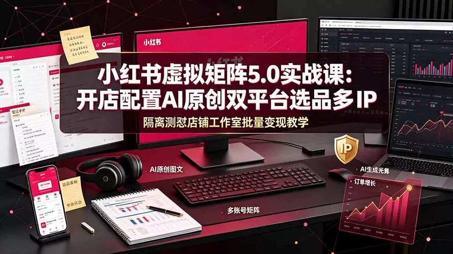 小红书虚拟矩阵5.0实战课：开店配置｜AI原创｜双平台选品｜多IP隔离｜测怼店铺工作室批量变现实操教学 - 52网创-52网创