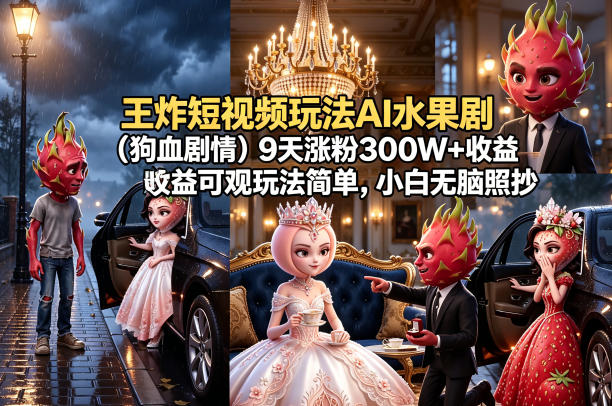 王炸短视频玩法AI水果剧(狗血剧情)9天涨粉300W+收益可观玩法简单，小白无脑照抄，详细拆解玩法 - 52网创-52网创