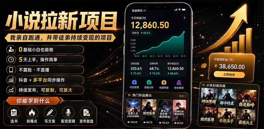 抖音及多平台小说拉新项目：我亲自跑通并持续带徒弟实操｜0基础小白5天上手快速变现 - 52网创-52网创