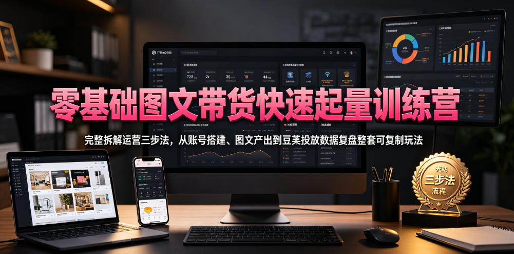 零基础图文带货快速起量训练营，完整拆解运营三步法，从账号搭建、图文产出到豆荚投放数据复盘整套可复制玩法 - 52网创-52网创