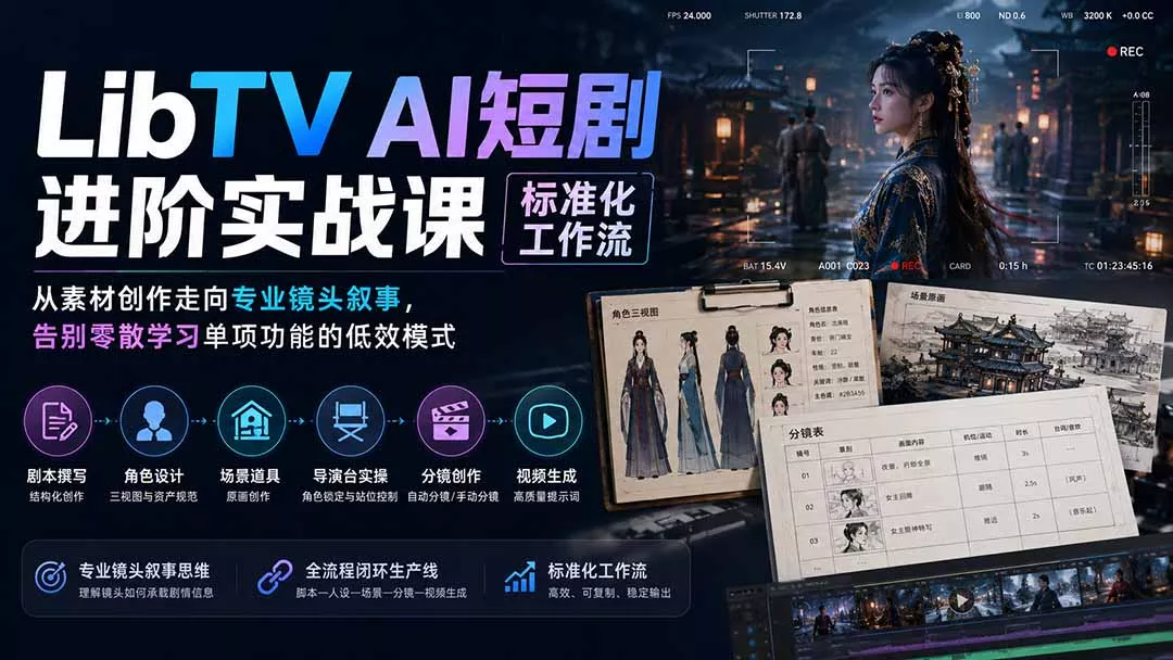 LibTV AI短剧进阶实操课标准化工作流；从素材创作走向专业镜头叙事，告别零散学习单项功能的低效模式 - 52网创-52网创