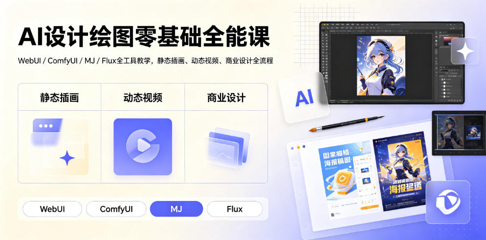 AI设计绘图零基础全能课｜WebUI/ComfyUI/MJ/Flux全工具教学，静态插画、动态视频、商业设计全流程 - 52网创-52网创