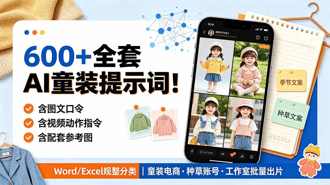 （19302期）600+全套AI童装提示词！含图文口令+视频动作指令+配套参考图，Word/Excel规整分类，童装电商、种草无脑量产内容-52网创