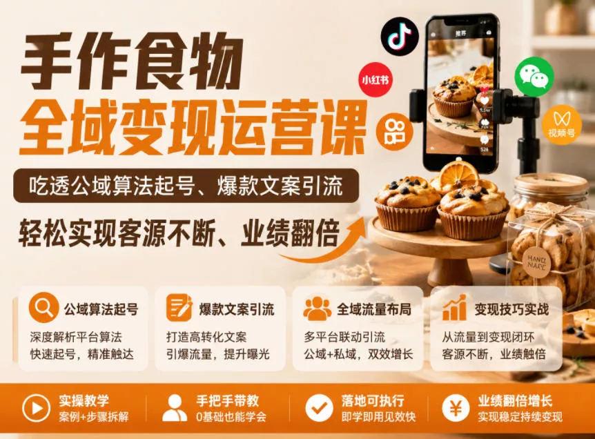 手作食物全域变现运营课，吃透公域算法起号、爆款文案引流，轻松实现客源不断、业绩翻倍 - 52网创-52网创