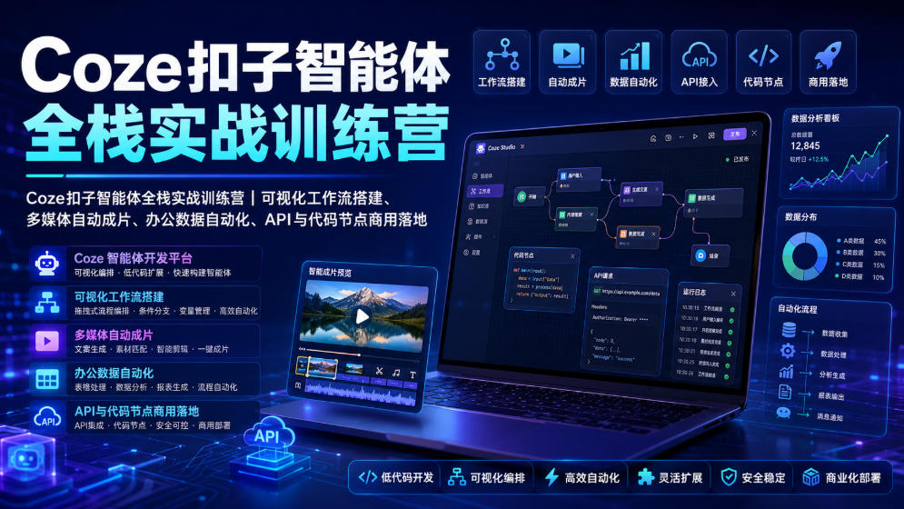 Coze扣子智能体全栈实战训练营｜可视化工作流搭建、多媒体自动成片、办公数据自动化、API与代码节点商用落地 - 52网创-52网创