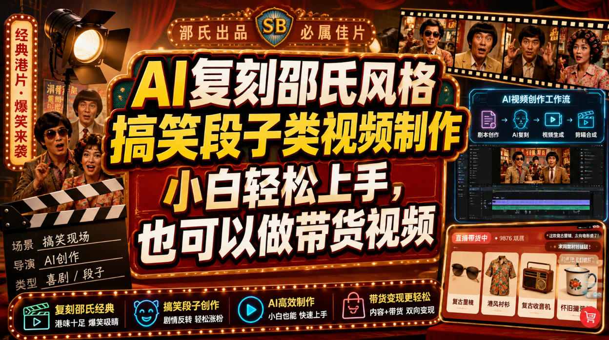 AI复刻邵氏风格搞笑段子类视频制作，小白轻松上手，也可以做带货视频 - 52网创-52网创