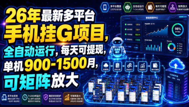 26年最新多平台手机挂G项目，全自动运行，每天可提现，单机900-1500月，可矩阵放大【揭秘】 - 52网创-52网创