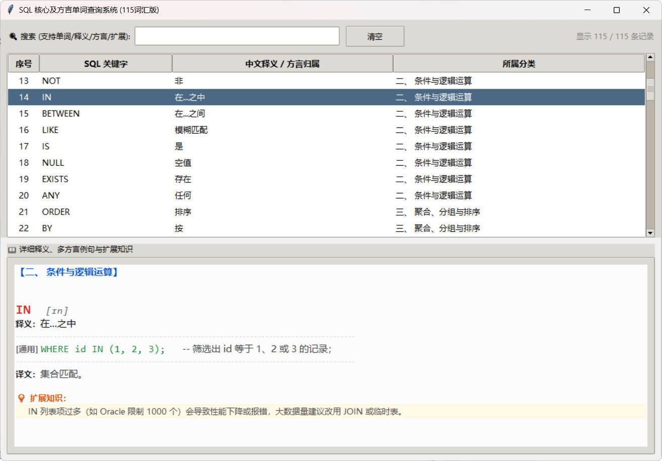 SQL常用核心单词查询115词客户端-52网创