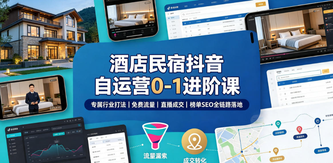 酒店民宿抖音自运营0-1进阶课|专属行业打法、免费流量+直播成交+榜单SEO全链路落地 酒店民宿抖音自运营0-1进阶课|专属行业打法、免费流量+直播成交+榜单SEO全链路落地