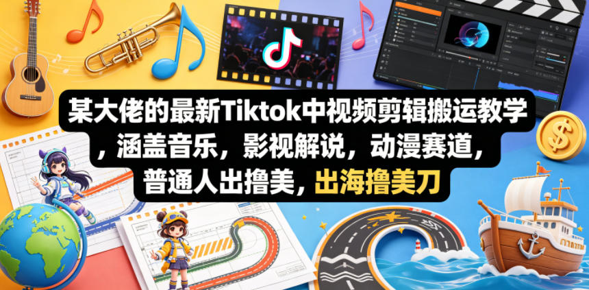 某大佬的最新Tiktok中视频剪辑搬运教学，涵盖音乐，影视解说，动漫赛道，普通人出海撸美刀-52网创