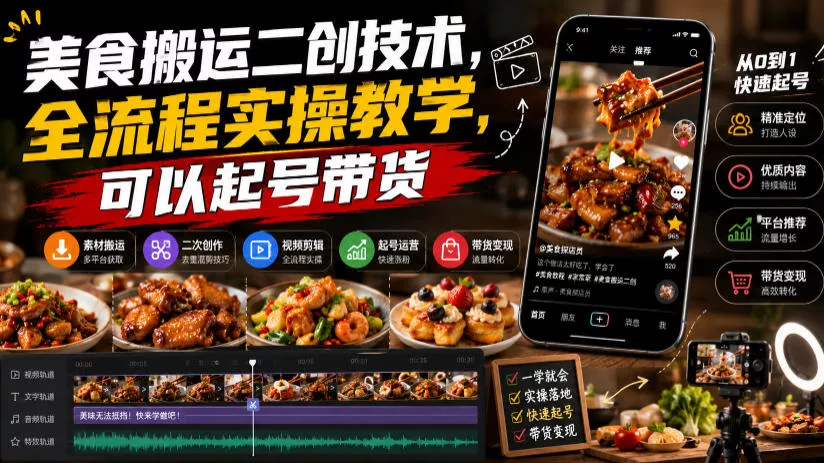 美食搬运二创技术，全流程实操教学，可以起号带货 - 52网创-52网创