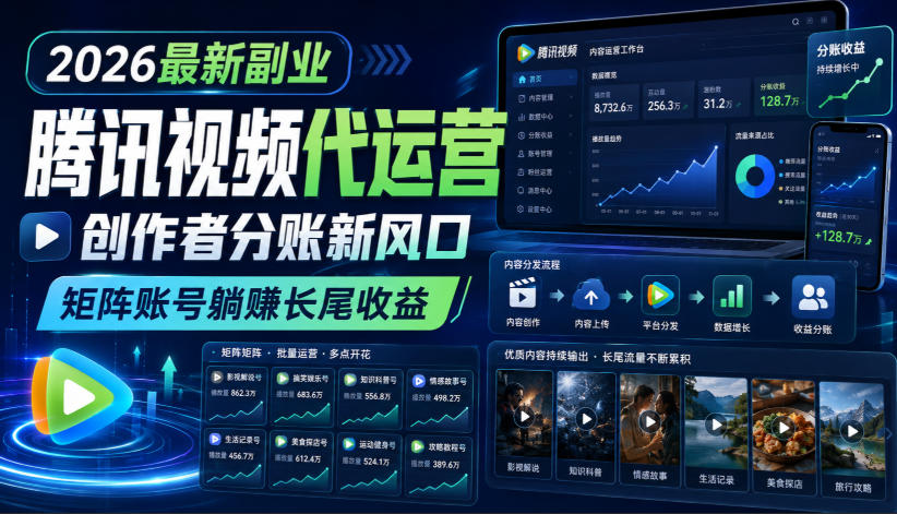 2026最新副业之腾讯视频代运营：创作者分账新风口，矩阵账号躺賺长尾收益【揭秘】 - 52网创-52网创
