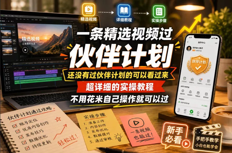 一条精选视频过伙伴计划，还没有过伙伴计划的可以看过来，超详细的实操教程，不用花米自己操作就可以过-52网创