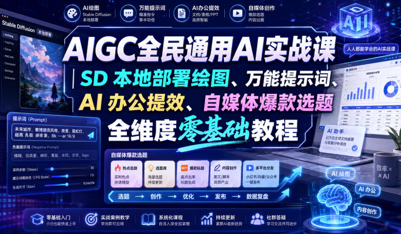AIGC全民通用AI实战课｜SD本地部署绘图、万能提示词、AI办公提效、自媒体爆款选题全维度零基础教程 - 52网创-52网创