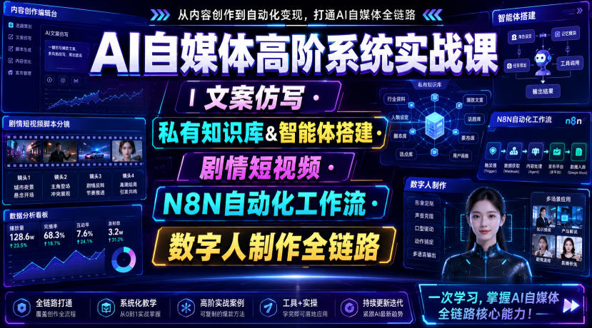 AI自媒体高阶系统实战课｜文案仿写・私有知识库&智能体搭建・剧情短视频・N8N自动化工作流・数字人制作全链路 - 52网创-52网创