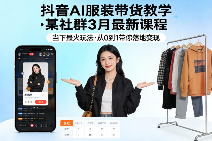 抖音AI服装带货教学，某社群3月最新课程，当下最火玩法，从0到1带你落地变现 - 52网创-52网创
