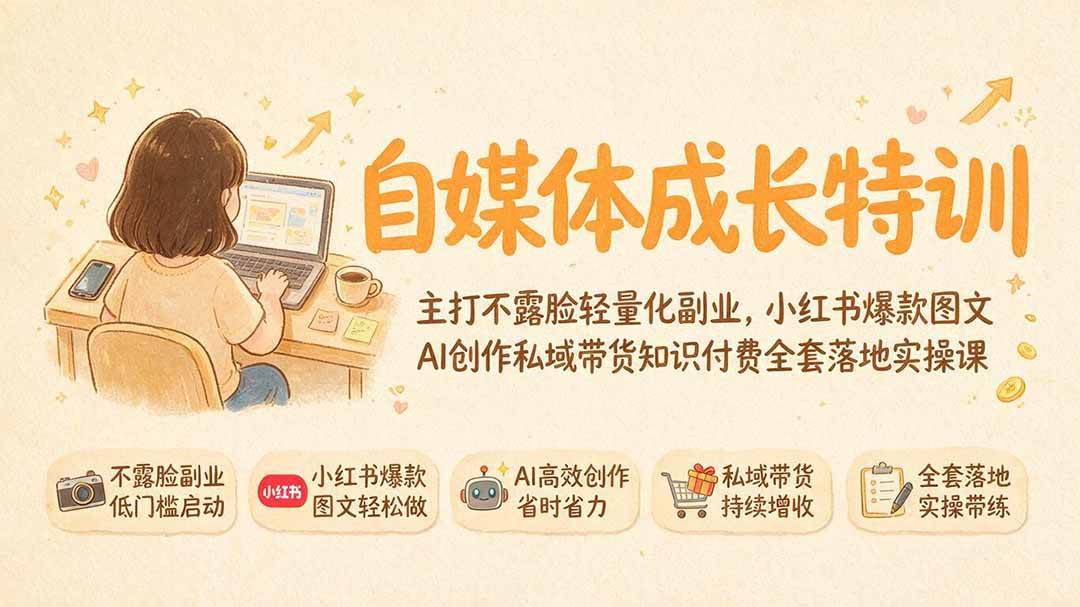 （19584期）自媒体成长特训｜主打不露脸轻量化副业，小红书爆款图文AI创作私域带货知识付费全套落地实操课 - 52网创-52网创