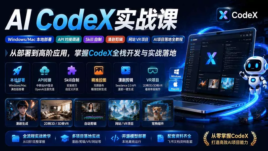 AI CodeX实战课｜Windows/Mac 本地部署｜API 对接调通｜Skill 自制｜漫剧剪辑｜网站 VR 项目｜AI项目落地全教程 - 52网创-52网创