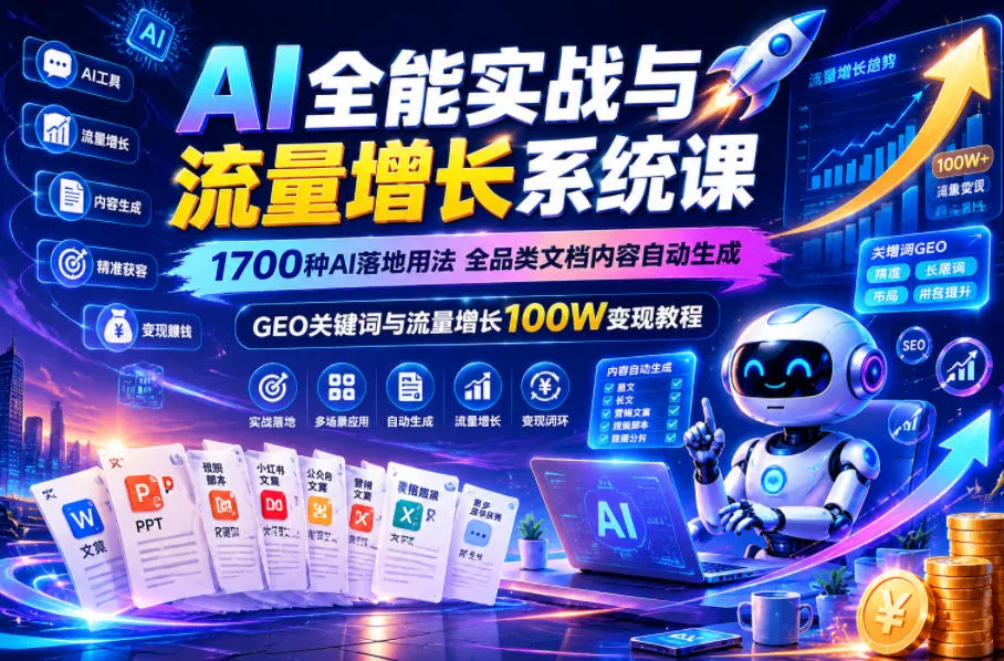 AI全能实战与流量增长系统课，1700种AI落地用法，全品类文档内容自动生成，GEO关键词与流量增长100W变现教程 - 52网创-52网创