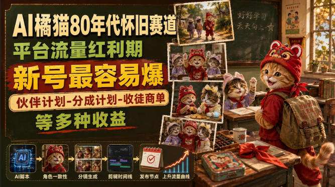 AI橘猫80年代怀旧赛道，平台流量红利期，新号最容易爆，伙伴计划-分成计划-收徒商单等多种收益 - 52网创-52网创