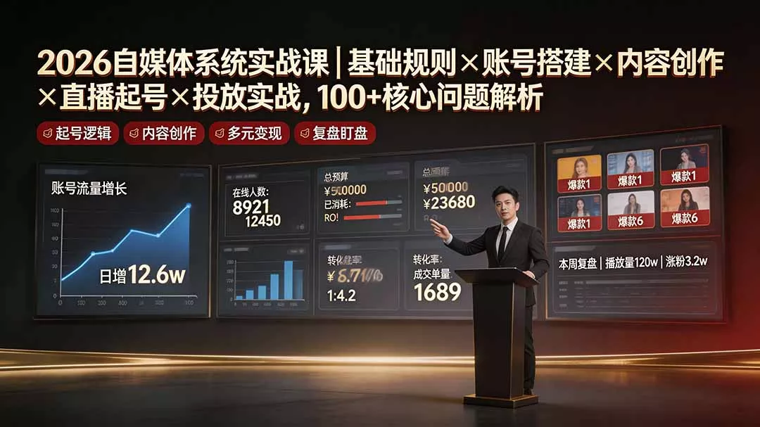 2026自媒体系统实战课｜基础规则×账号搭建×内容创作×直播起号×投放实战，100+核心问题解析 - 52网创-52网创
