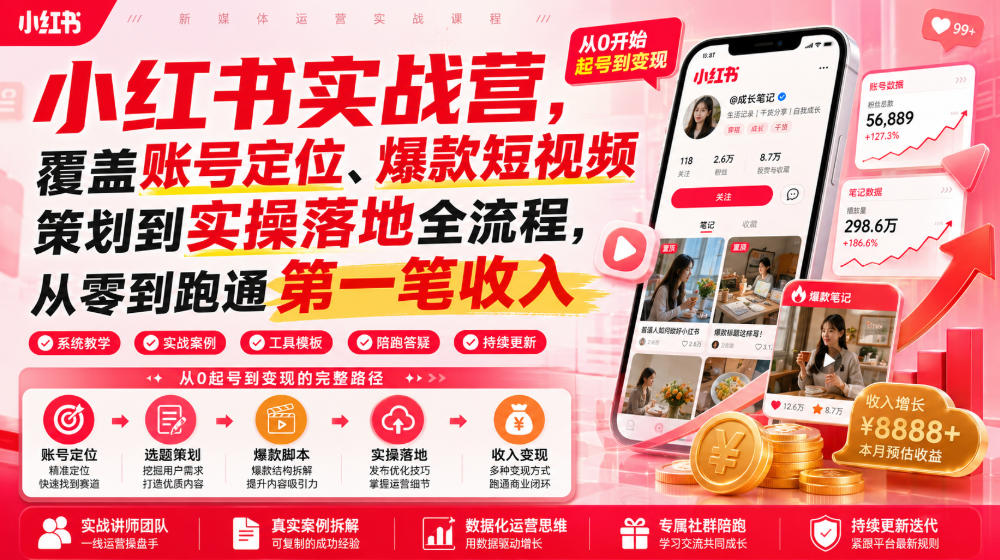小红书实战营，覆盖账号定位、爆款短视频策划到实操落地全流程，从零到跑通第一笔收入 - 52网创-52网创