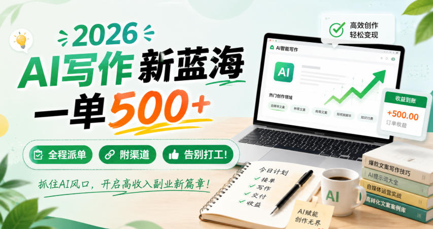 2026 AI写作新蓝海，一单500+，全程派单，附渠道，告别打工！【揭秘】 - 52网创-52网创