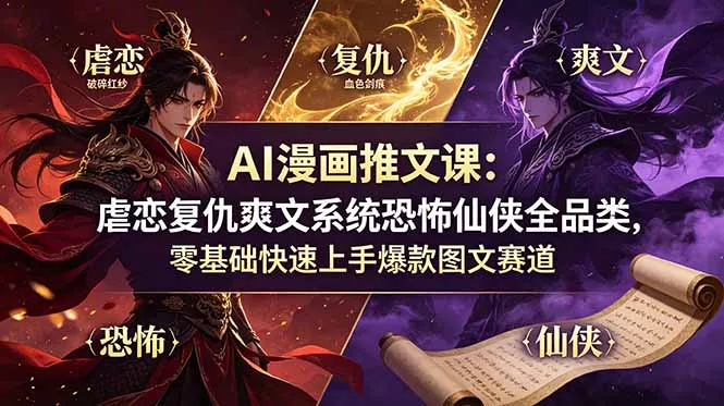 AI漫画推文课：虐恋复仇爽文系统恐怖仙侠全品类，零基础快速上手爆款图文赛道 - 52网创-52网创