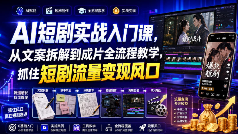 AI短剧实战入门课，从文案拆解到成片全流程教学，抓住短剧流量变现风口-52网创