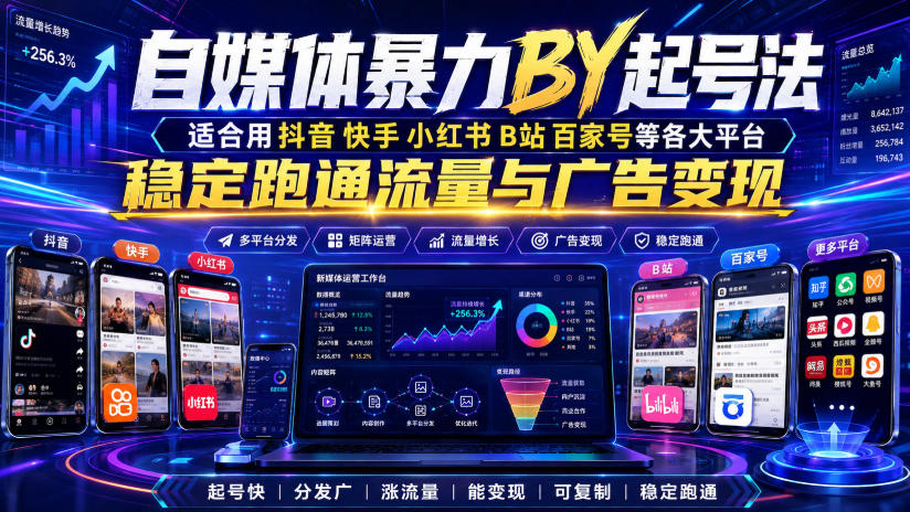 自媒体暴力搬运起号法，适合用抖音快手小红书B站百家号等各大平台，稳定跑通流量与广告变现 - 52网创-52网创