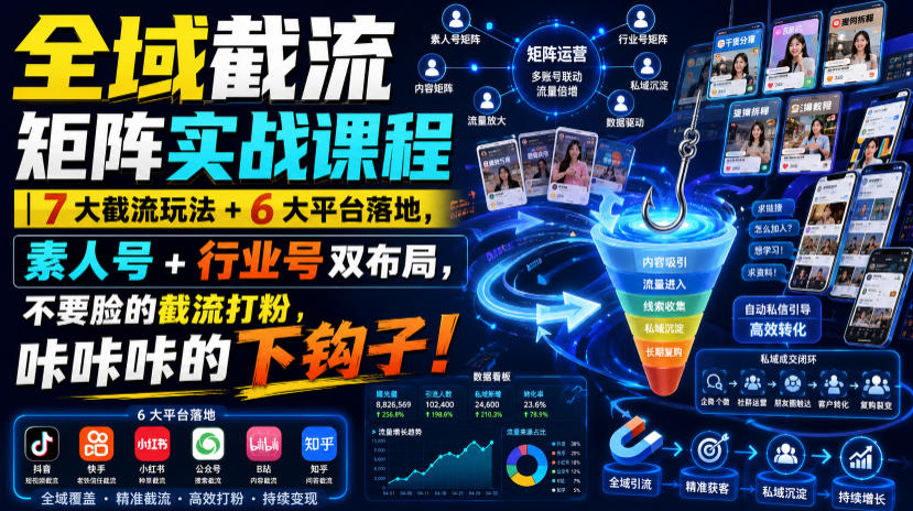 全域截流矩阵实战课程｜7大截流玩法+6大平台落地，素人号+行业号双布局，不要脸的截流打粉，咔咔咔的下钩子！ - 52网创-52网创