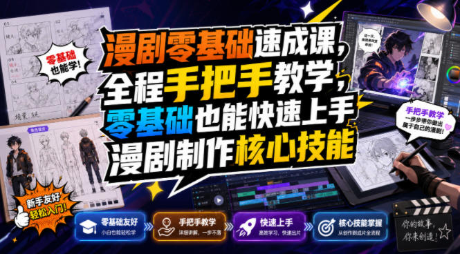 漫剧零基础速成课，全程手把手教学，零基础也能快速上手漫剧制作核心技能-52网创